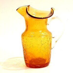 Vintage Amber Crackle Glass Vase Pitcher Fluted Ruffled Top Edge Hand Blown